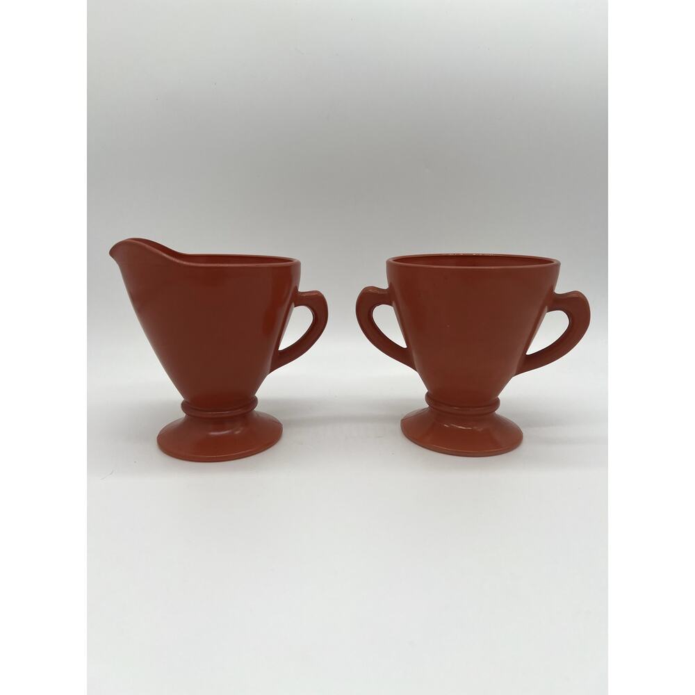 Vintage Hazel Atlas Glass Rust Orange Mid-Century Footed Open Creamer & Sugar - Picture 2 of 8